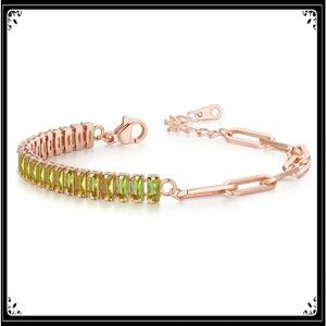 ROSE GOLD PAPERCLIP OLIVE BAGUETTE SIMULATED PERIDOT SQUARE TENNIS BRACELET